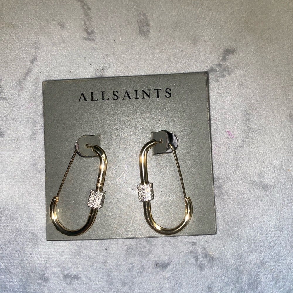 BNWT All Saints Gold Pavé Carabiner Small Hoop Earrings